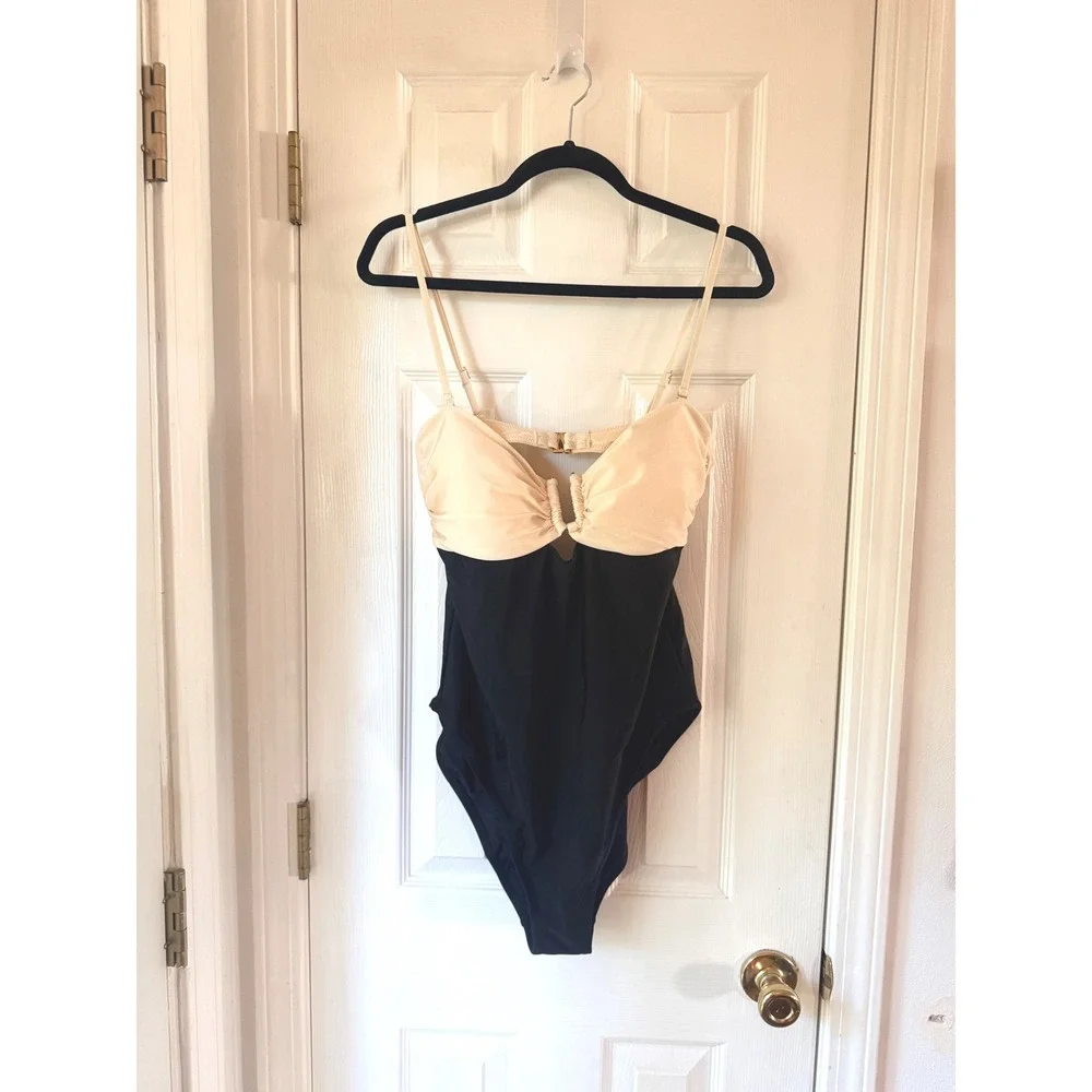 L'AGENCE LG6AF16 One Piece Swimsuit Cream Black Colorblock Ruched XL